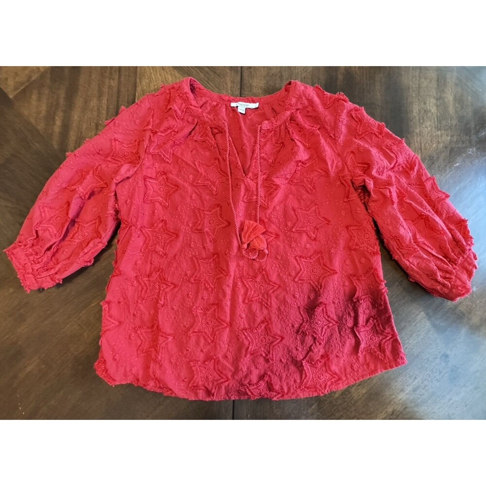 Chicos Red Star Embroidered Stars Peasant Top Sz 1 (US10) American Patriotic